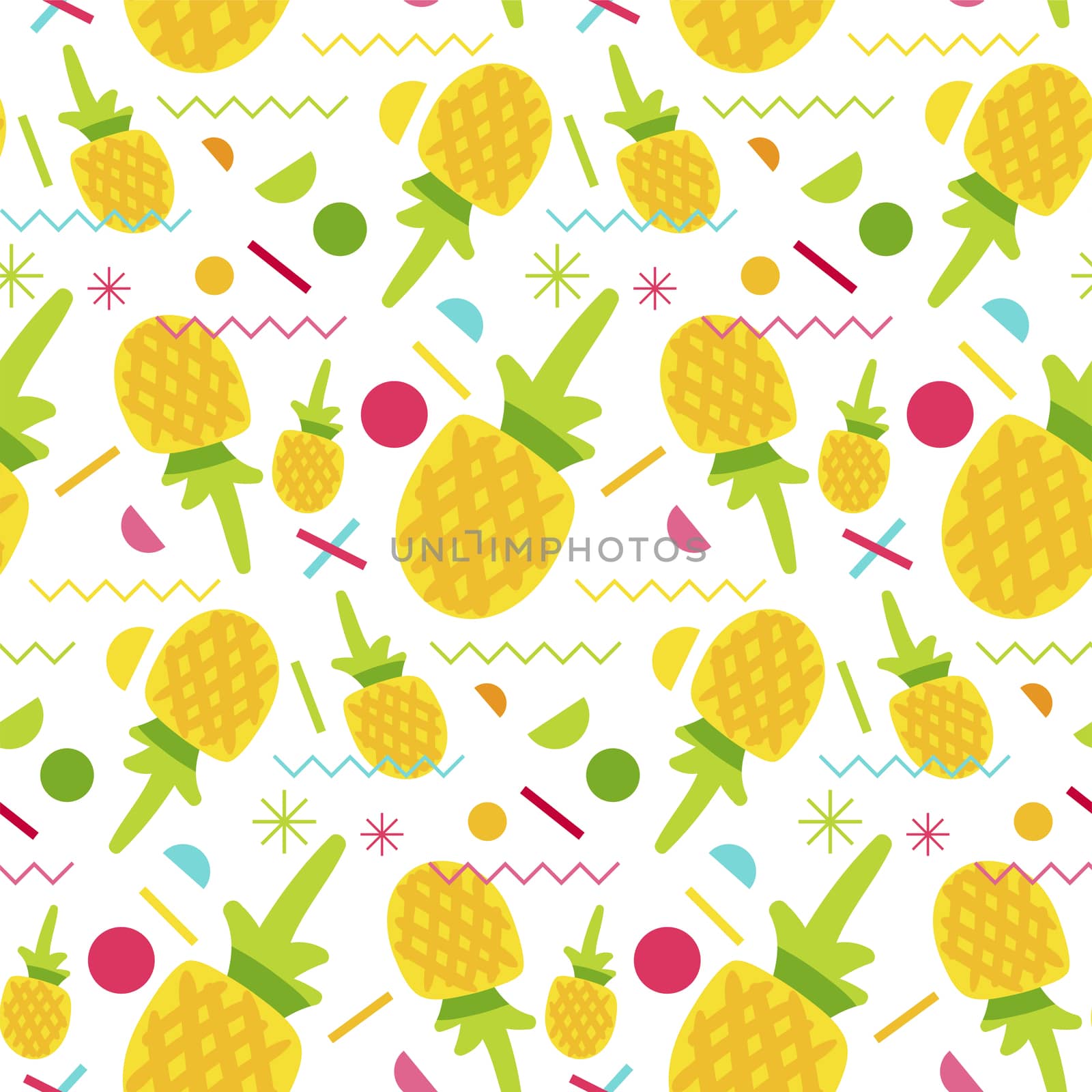 Vector Summer Fruits Pattern in cartoon style. Memphis elements and berries. Sweet backdrop. Sweet pineapple seamless pattern