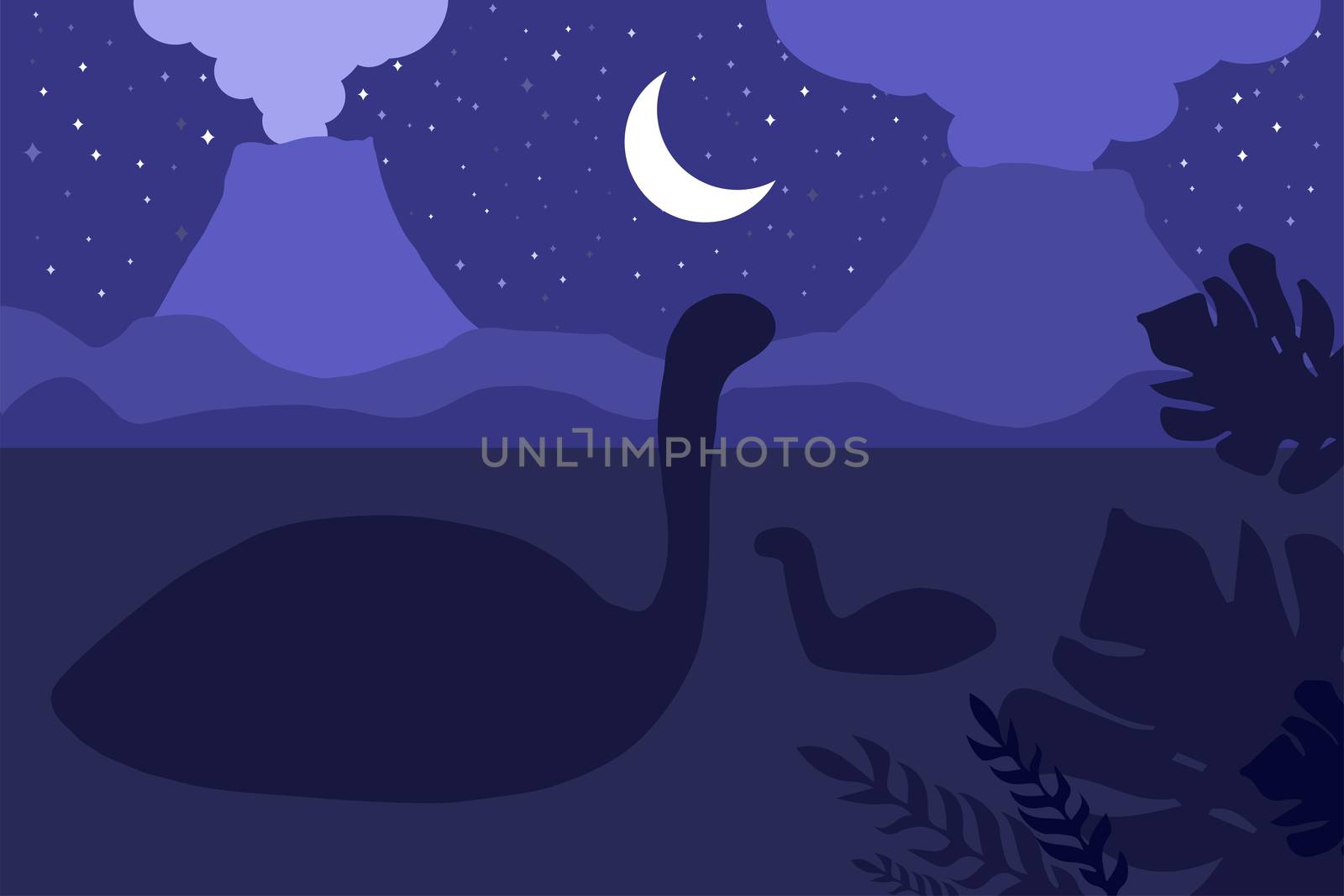 Swimming dinosaurs. Night nature scene. Volcanoes panorama. Vector