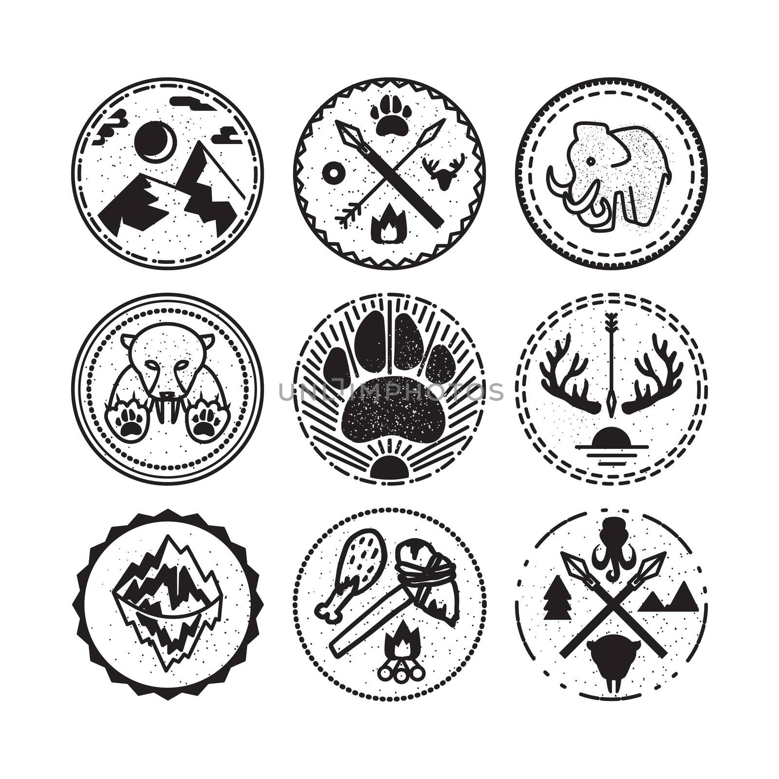 Nature and historical badges set with tiger, mountain, sun, mammoth and antique guns. Expedition and geological research sticker. Ice age. Vector
