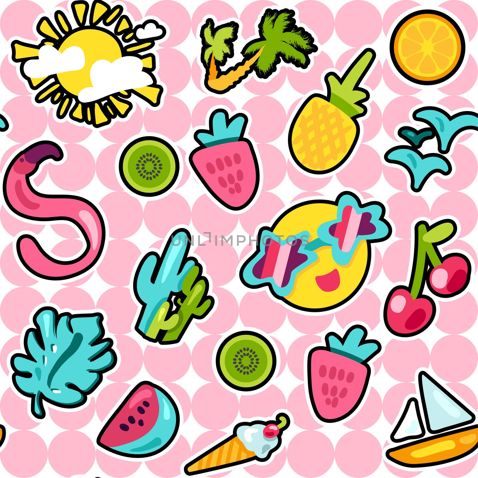 Vector Exotic Summer Seamless Pattern with shape. Fruits and berries. Girl fashion sweet ornament design. Beach cartoon background. Hot wrap