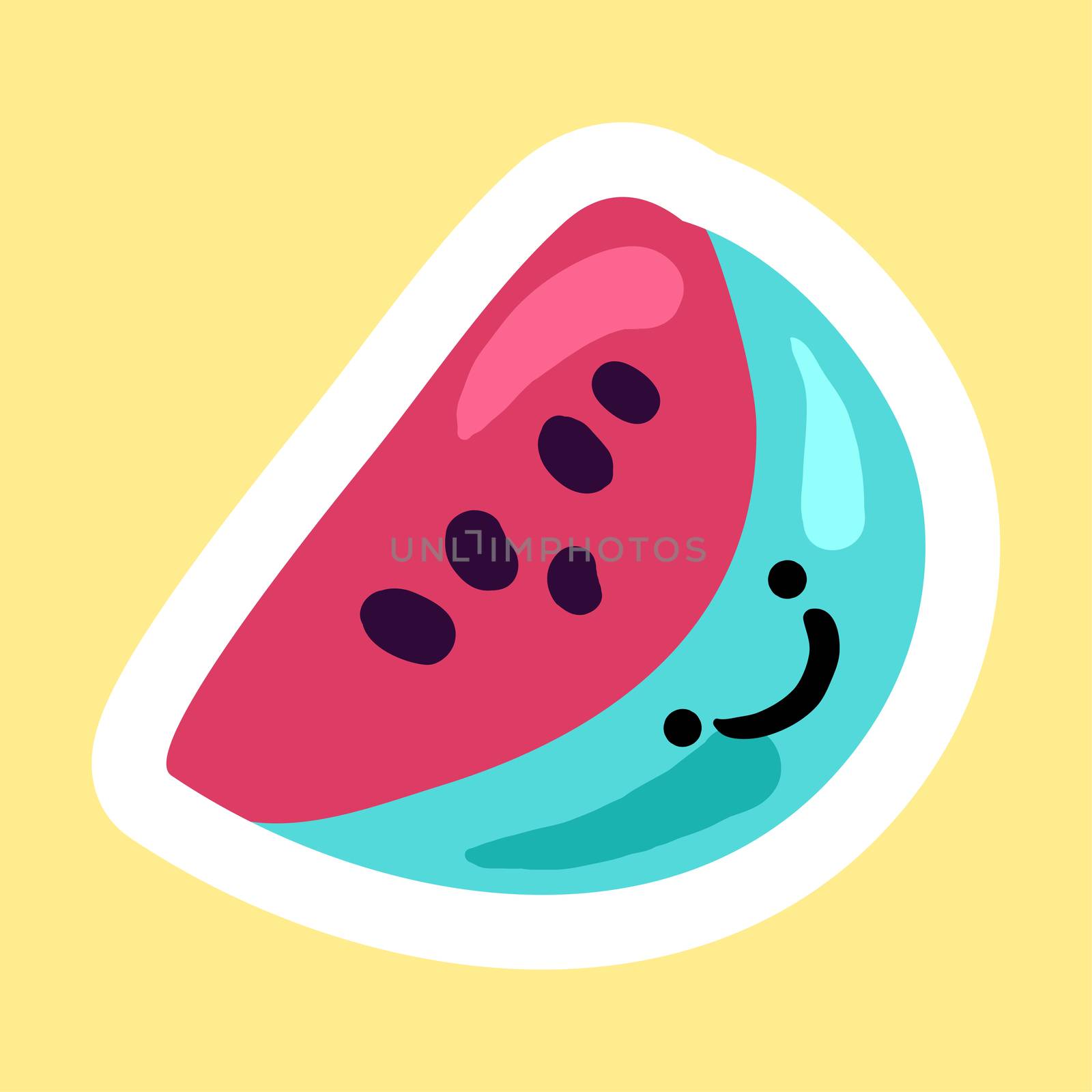 Sticker with berry. Cheerful smiling watermelon. Symbol of summer. Dessert and sweet food sign. Fashionable patch. Vector