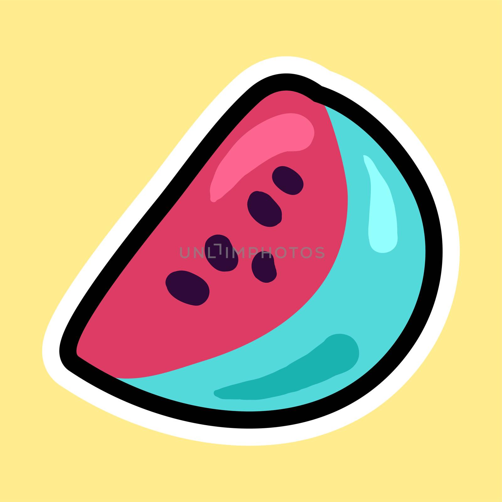 Watermelon cartoon sticker. Sweet fruit label. Patch and print for t-shirt, fabric, clothes. Menu item. Juice and summer symbol. Vector