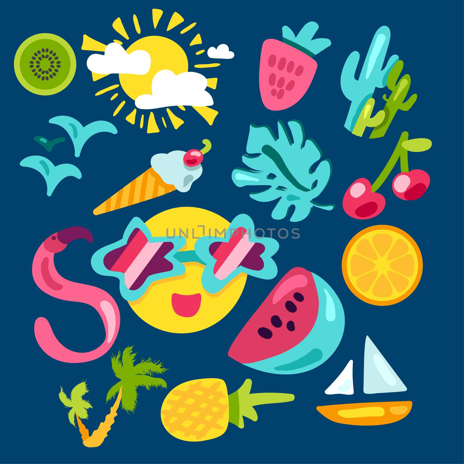 Vector Tropical Summer Patches Set in doodle style with shape. Fruits and berries. Girl fashion sweet patchworks design. Nice cartoon stickers. Fun badges