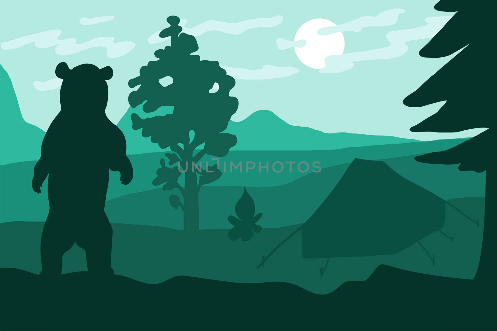Standing wild bear in camping near forest and mountains. Outdoor landscape and panorama in green colors. Vector