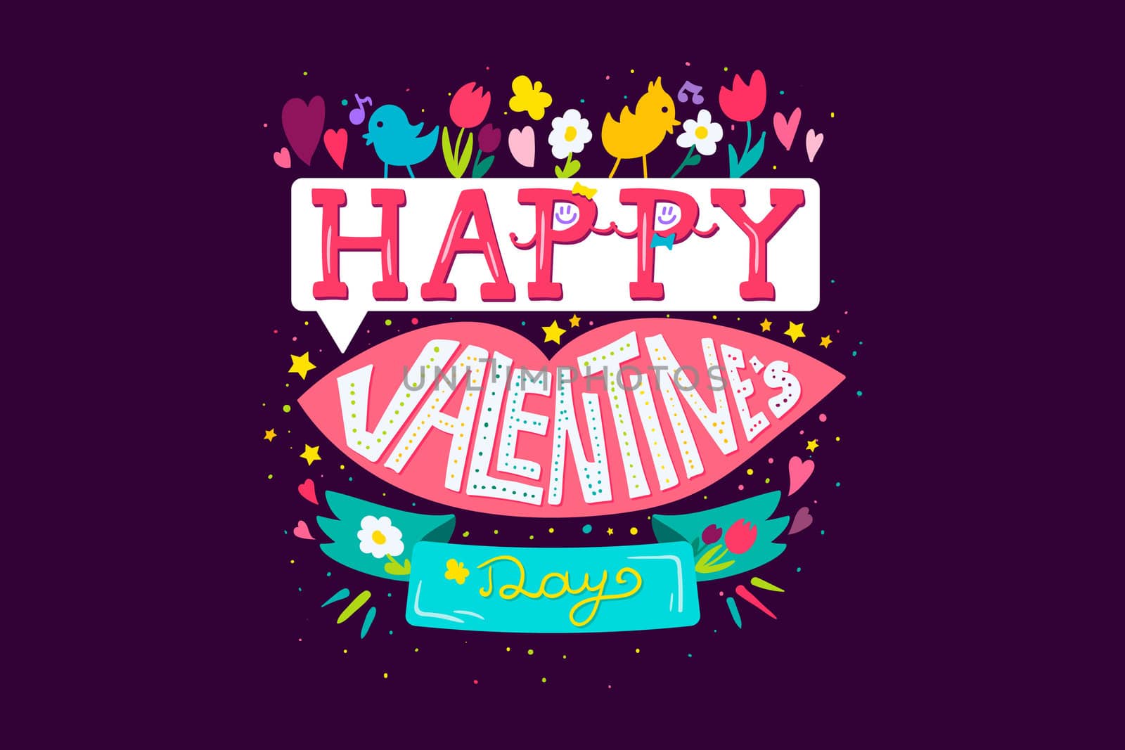Happy Valentines Day Greeting Banner with pink lips, flowers, birds and hearts. Kiss. Vector