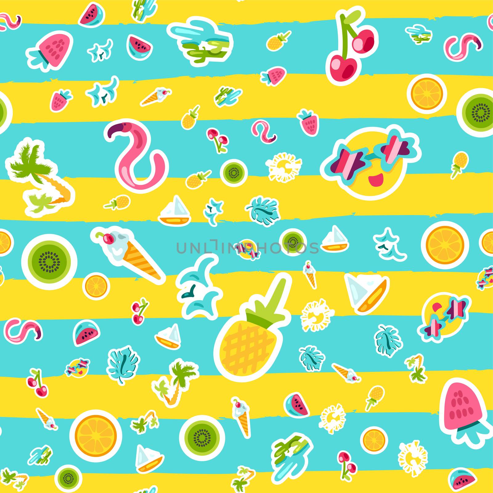 Vector Tropical Summer Seamless Pattern in doodle style with shape. Fruits and berries. Girl fashion sweet ornament design. Nice cartoon background. Fun wrap