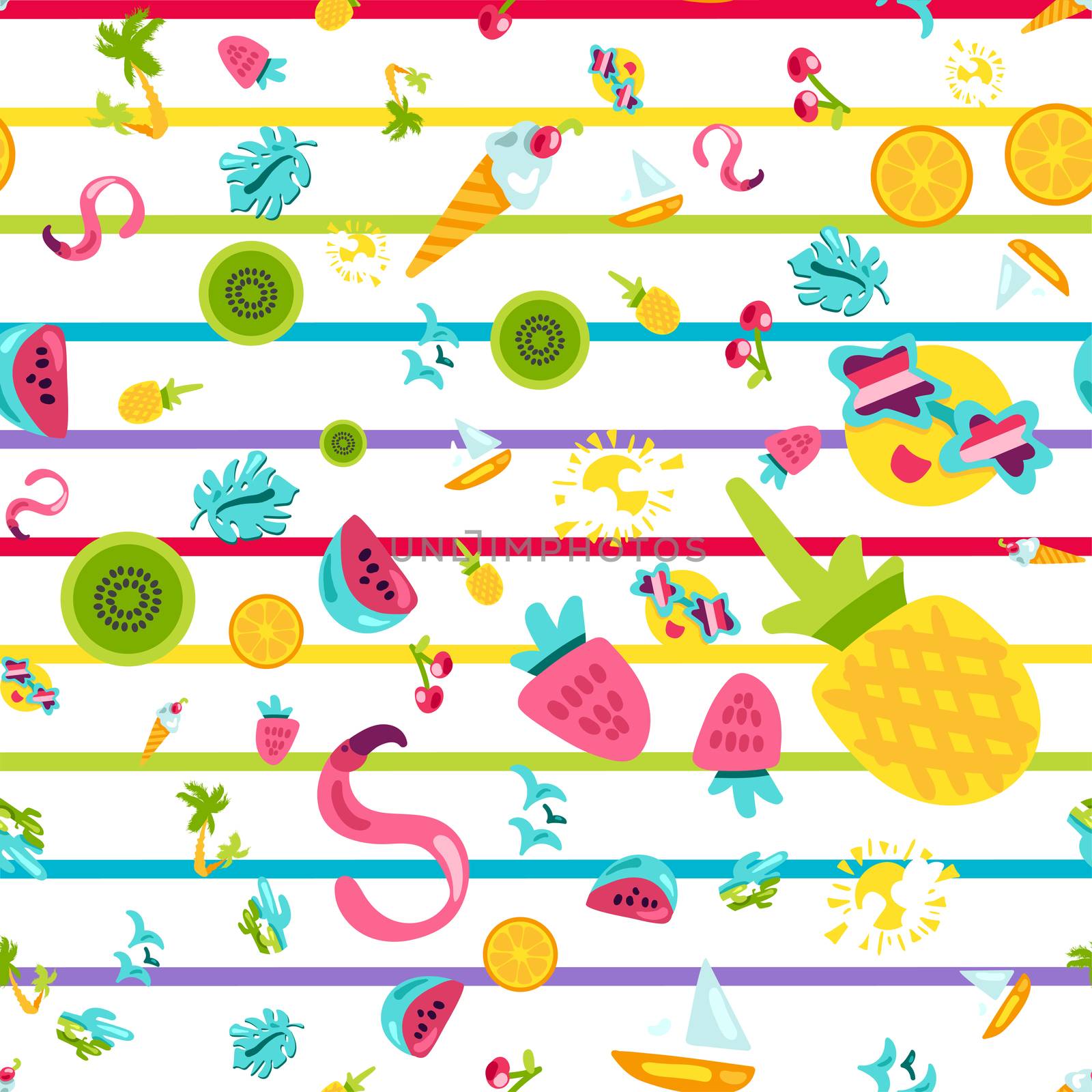 Vector Tropical Summer Seamless Pattern in doodle style with shape. Fruits and berries. Girl fashion sweet ornament design. Nice cartoon background. Fun wrap