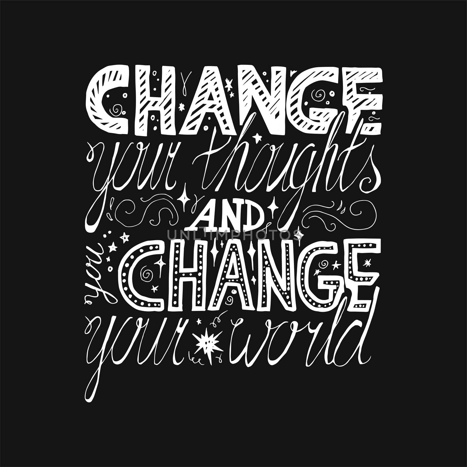 Lettering motivation poster. Quote about dream and believe for fabric, print, decor, greeting card. Change your thoughts and you change your world. Vector