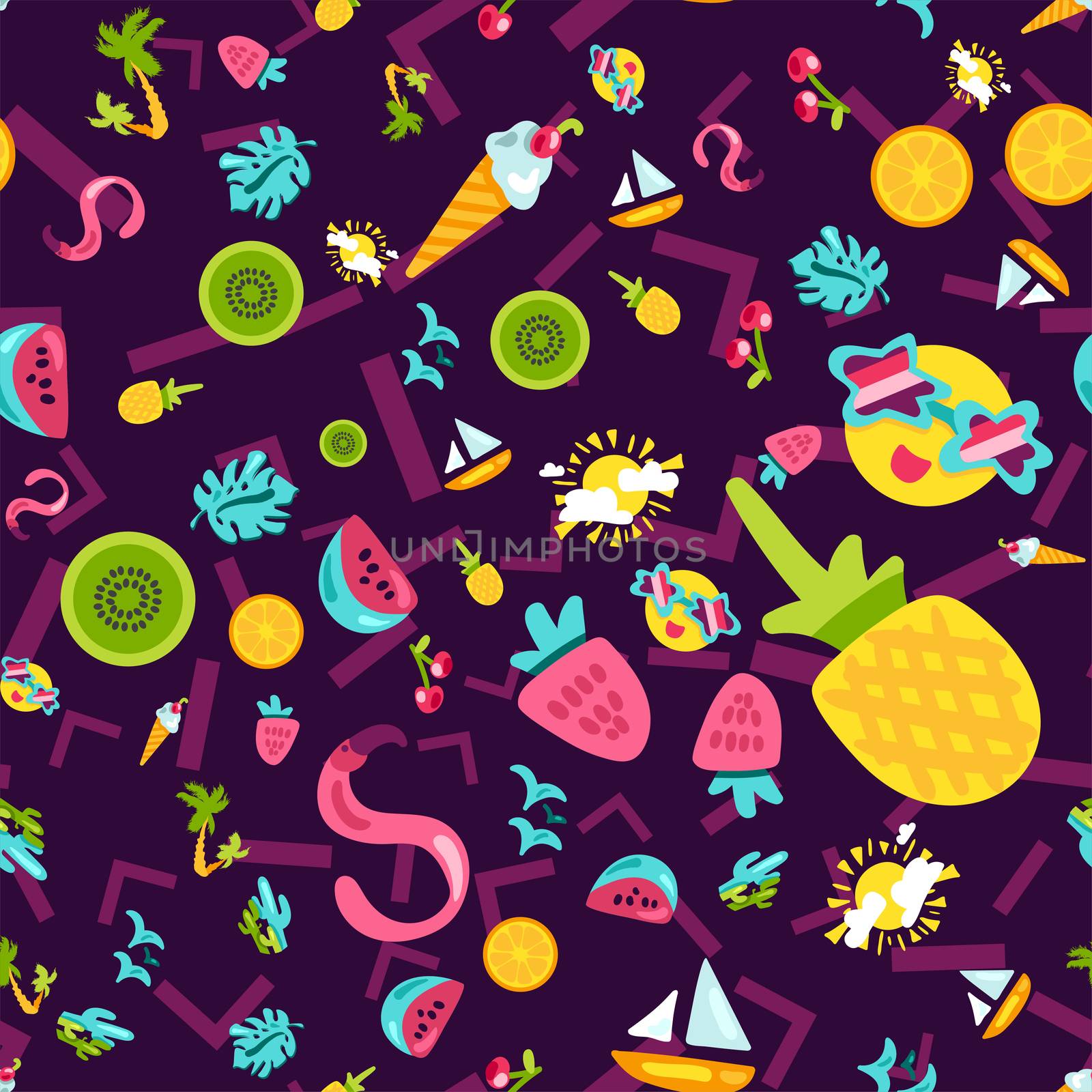Vector Tropical Summer Seamless Pattern in doodle style with shape. Fruits and berries. Girl fashion sweet ornament design. Nice cartoon background. Fun wrap