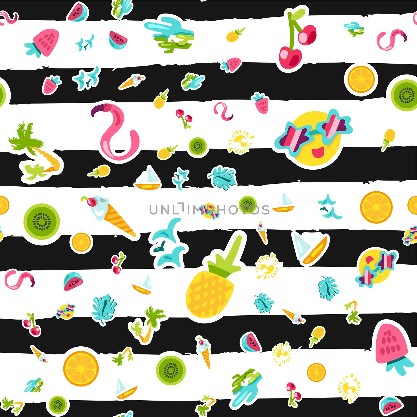 Vector Tropical Summer Seamless Pattern in doodle style with shape. Fruits and berries. Girl fashion sweet ornament design. Nice cartoon background. Fun wrap