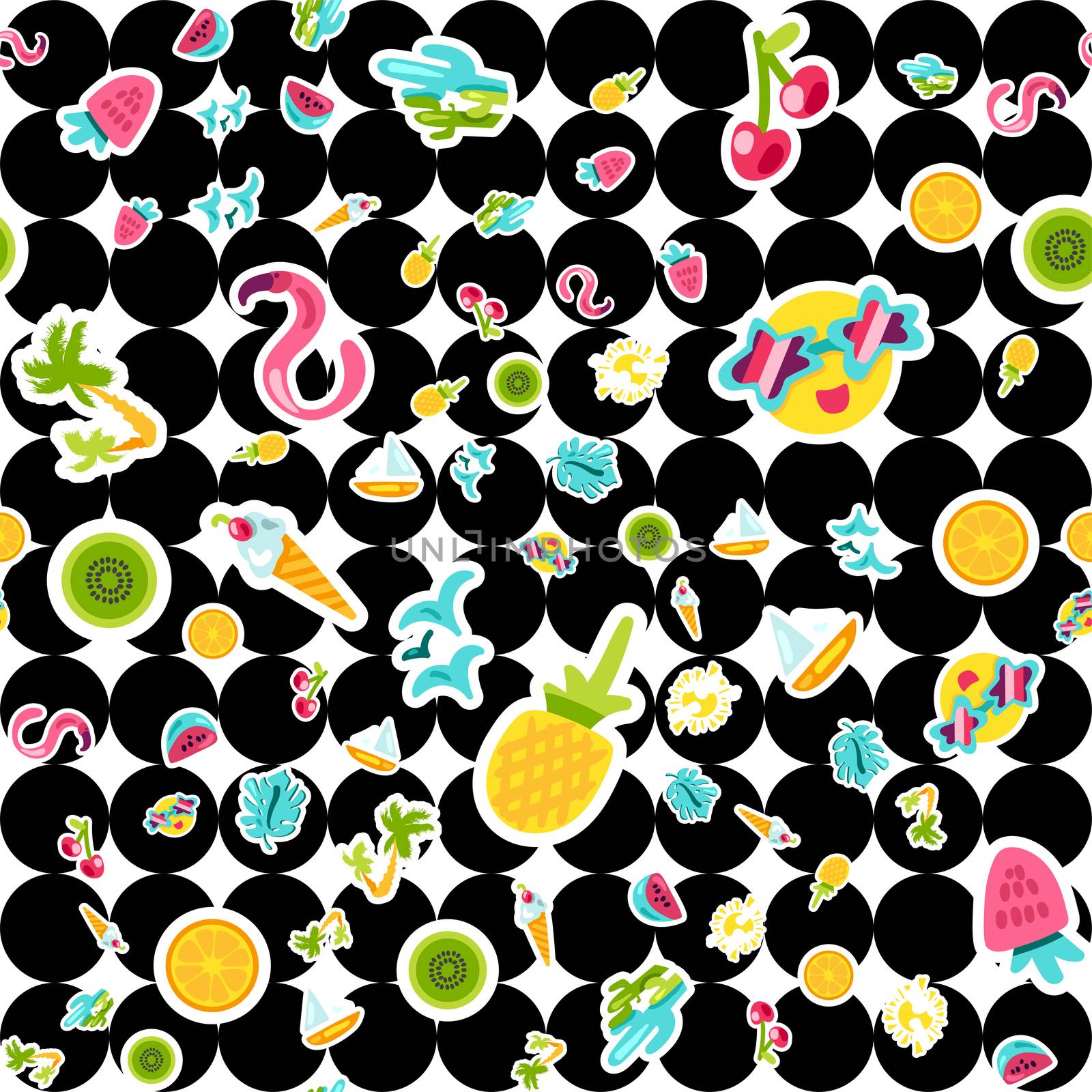 Vector Tropical Summer Seamless Pattern in doodle style with shape. Fruits and berries. Girl fashion sweet ornament design. Nice cartoon background. Fun wrap