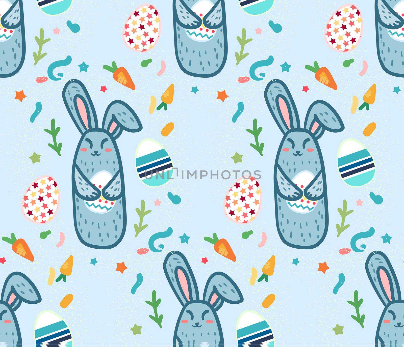 Happy Easter Seamless Pattern with cute rabbit and eggs. Template for print, fabric, wrapping, wallpaper, greeting background. Vector