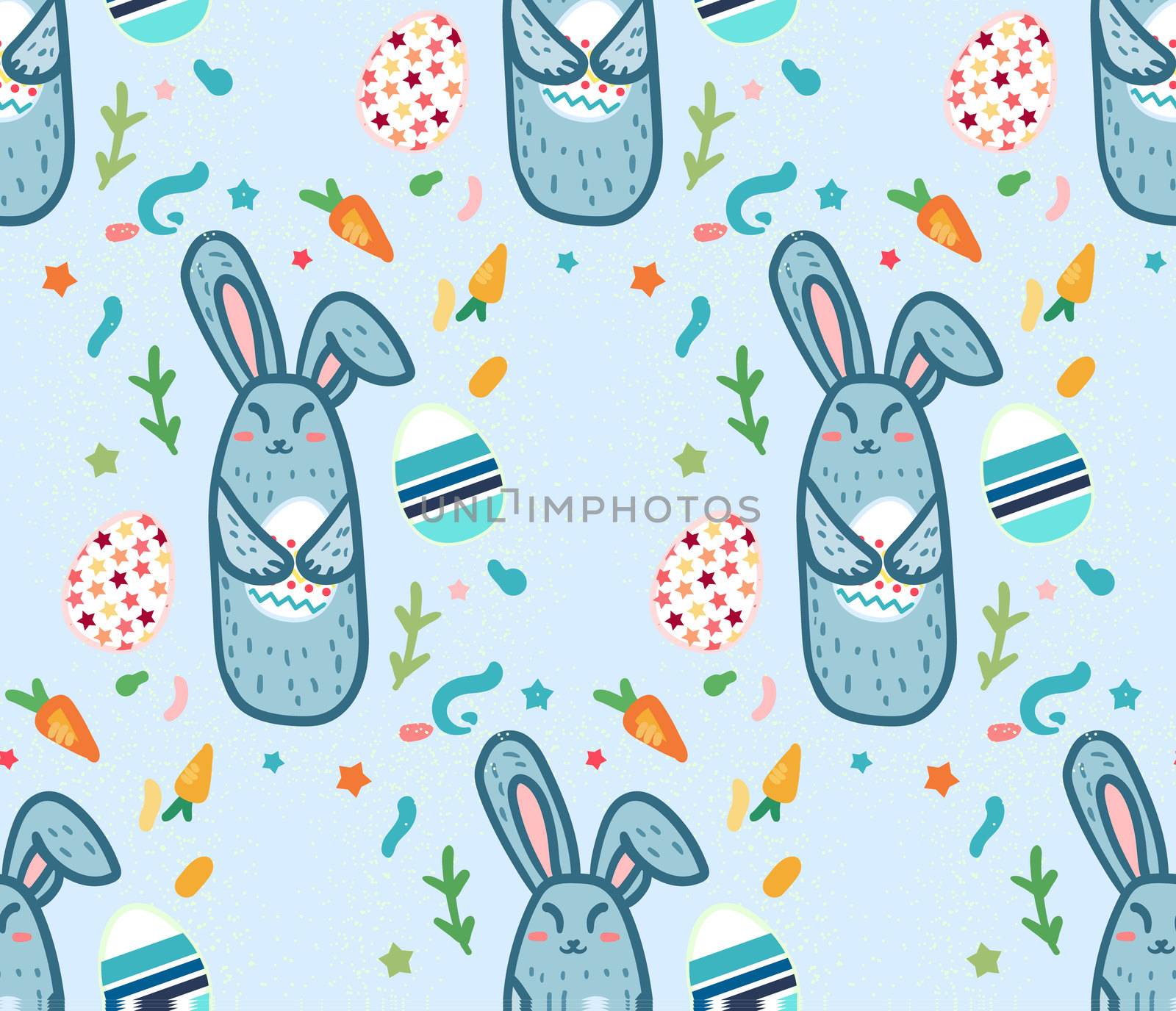 Happy Easter Seamless Pattern with cute rabbit and eggs. Template for print, fabric, wrapping, wallpaper, greeting background. Vector