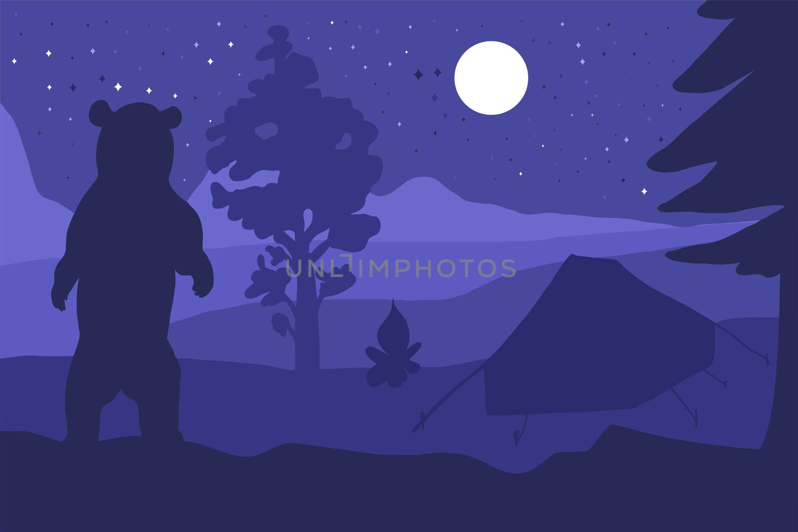 Walking Bear In Forest Mountain Camp. Tent under tree. Night with moon nature scene. Hills landscape. Tourism panorama. Vector