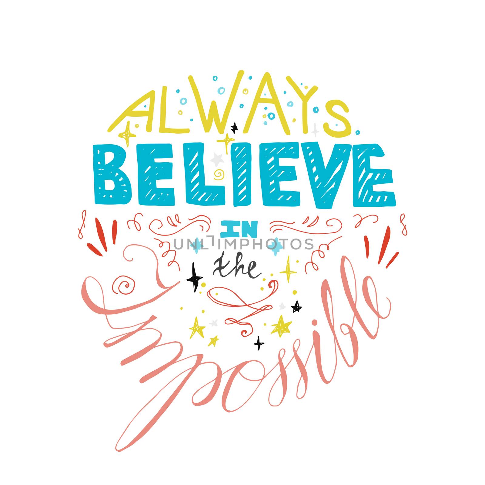 Lettering motivation poster. Quote about dream and believe for fabric, print, decor, greeting card. Always believe in the impossible. Vector