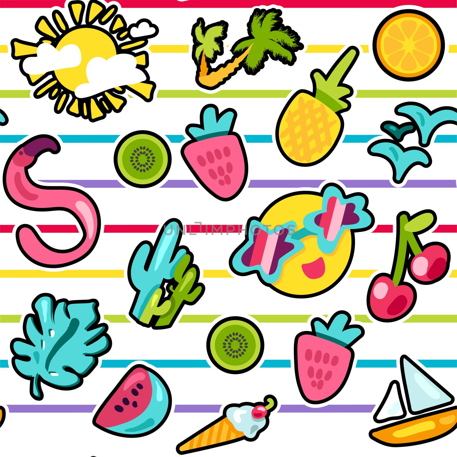 Vector Tropical Summer Seamless Pattern in doodle style with shape. Fruits and berries. Girl fashion sweet ornament design. Nice cartoon background. Fun wrap