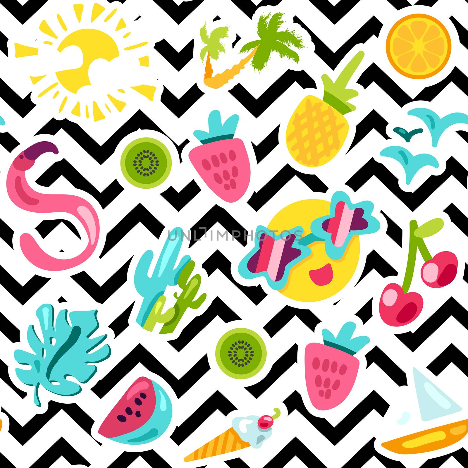 Summer beach and leisure ornament. Bright fashionable seamless pattern for printing on fabrics, paper and packaging. Fun, trendy background with waves of Memphis. Vector