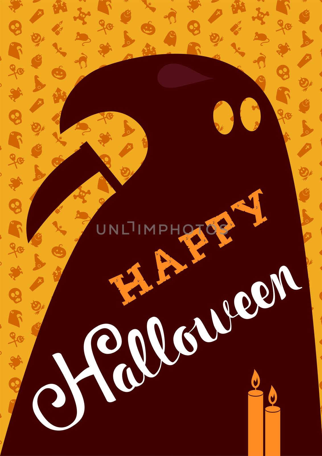 Happy Halloween Lettering with candles, death. Trick or treat concept for print, fabric, greeting, card, banner, t-shirt. Poster with halloween text. Vector