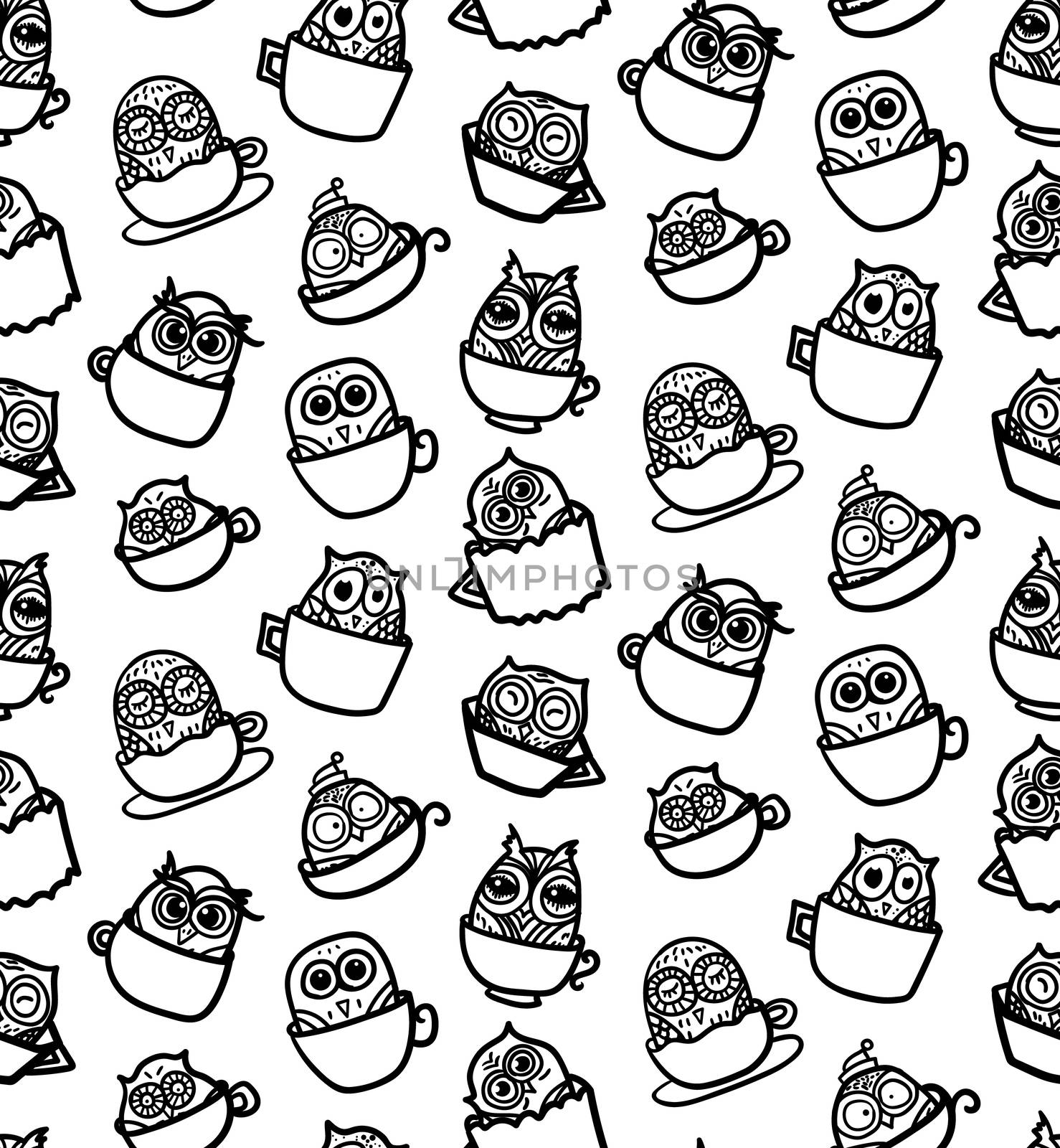 Hand Drawn Funny Owl in Cup. Owls seamless pattern for print, fabric, wrap and illustration, game, web and children's items. Good morning or good night. Vector