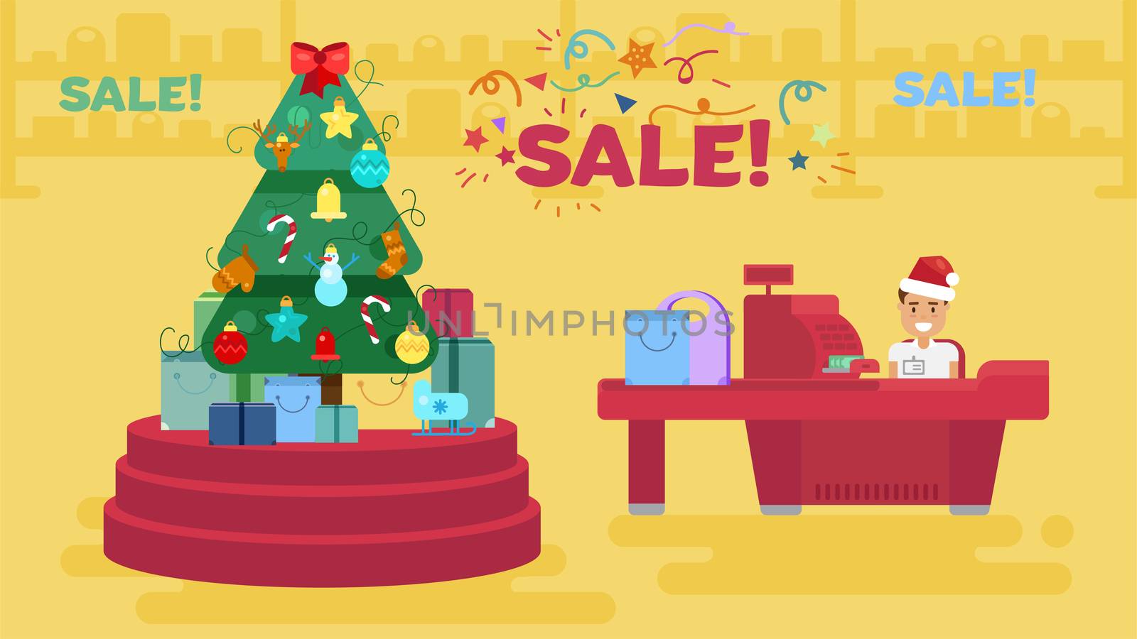 Merry Christmas And New Year In Shop. Store with customers crowd and cashier near cash desk. Gifts and presents. Shopping concept illustration. Sale Boxing Day banner. Vector