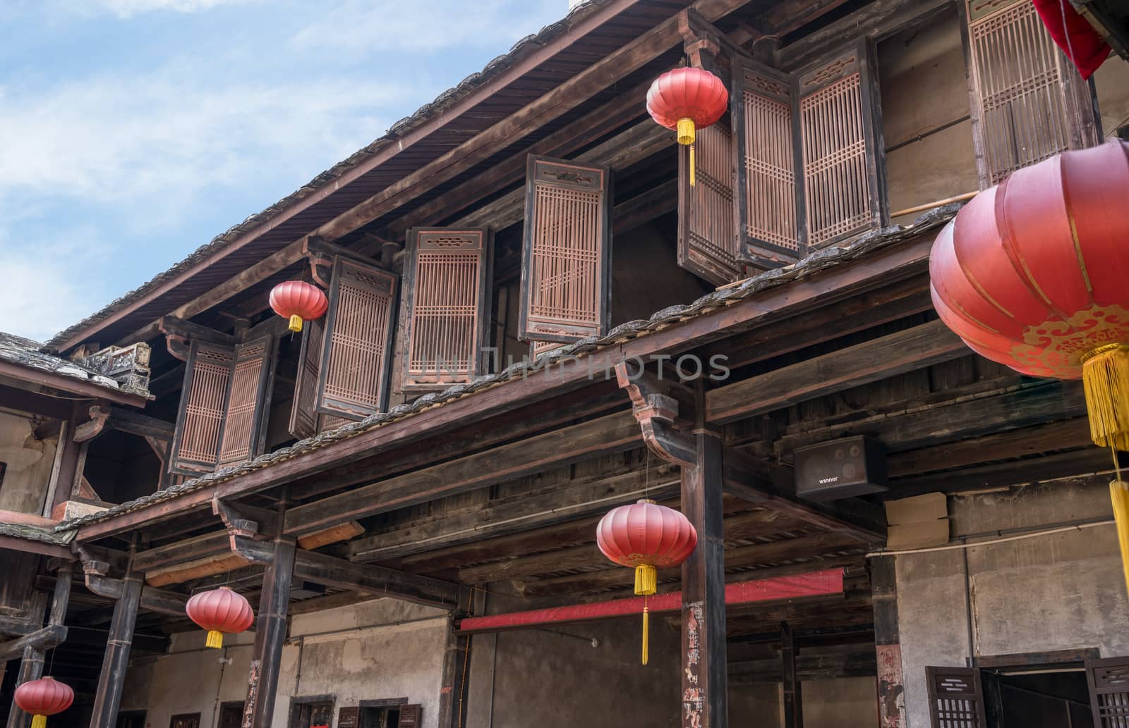 Traditional chinese lanterns decorate Tulou at Unesco heritage site near Xiamen