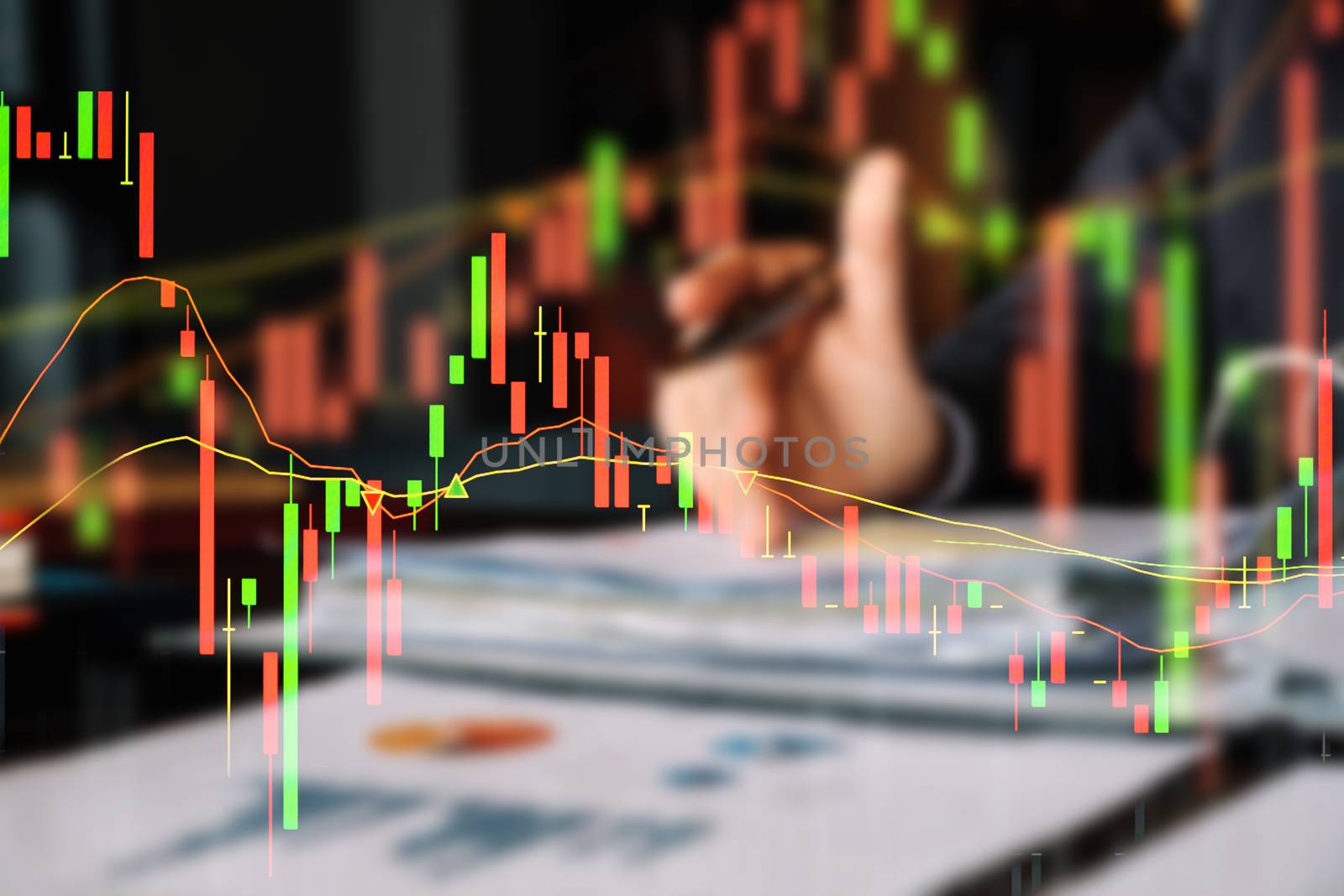 Stock market chart, Stock market data with businesswoman working with financial blur background.