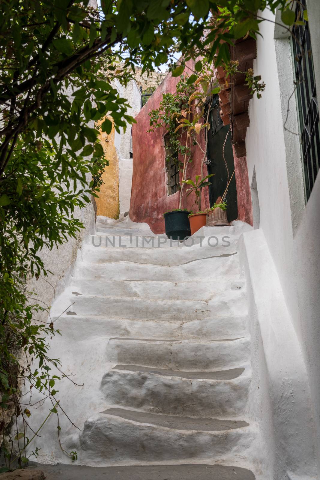 Narrow street in ancient residential district of Anafiotika in Athens Greece by steheap