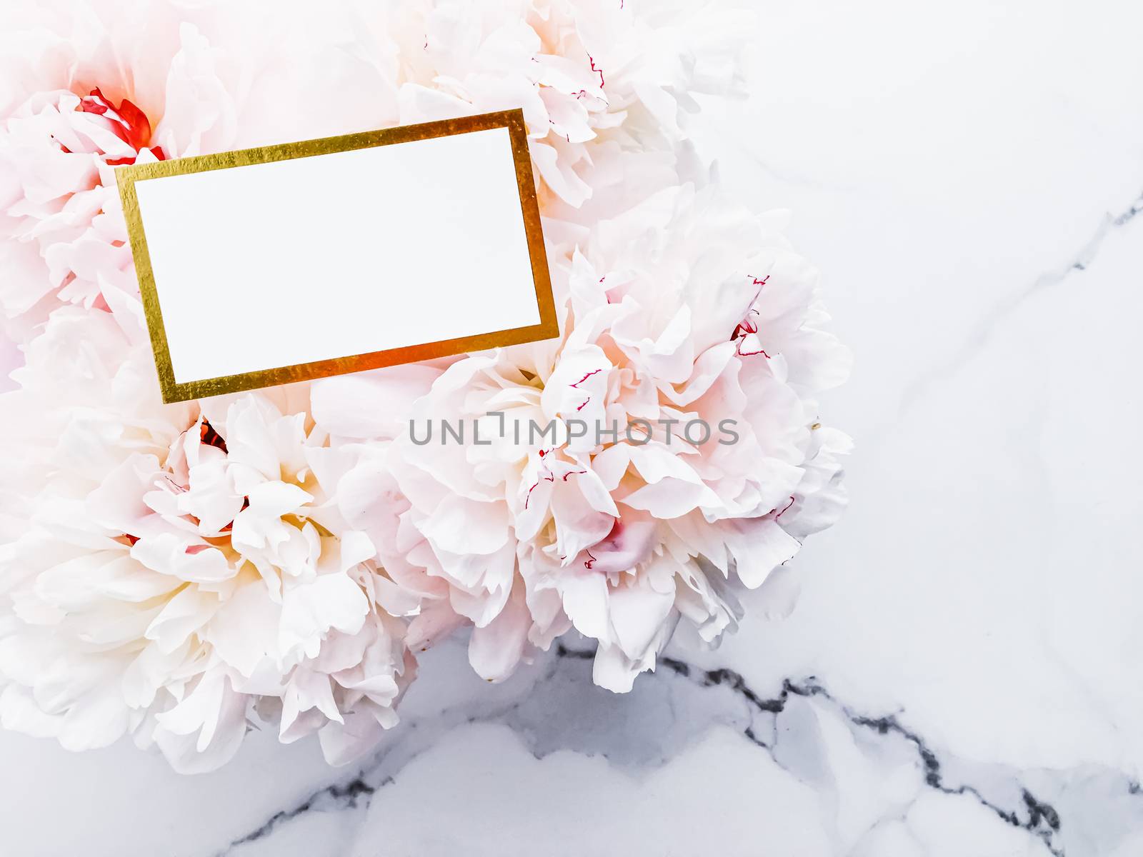 Glamorous business card or invitation mockup and bouquet of peony flowers, wedding and event branding design