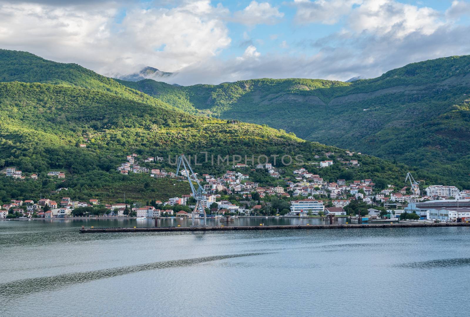 Port town of Bijela on coastline of Gulf of Kotor in Montenegro