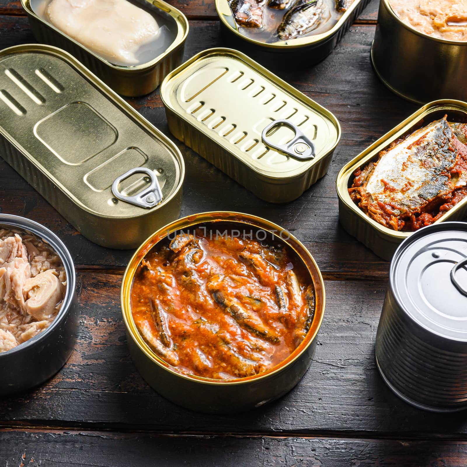 Conserves of canned fish with different types of seafood, opened and closed cans with Saury, mackerel, sprats, sardines, pilchard, squid, tuna, over dark wood old table side view, square by Ilianesolenyi