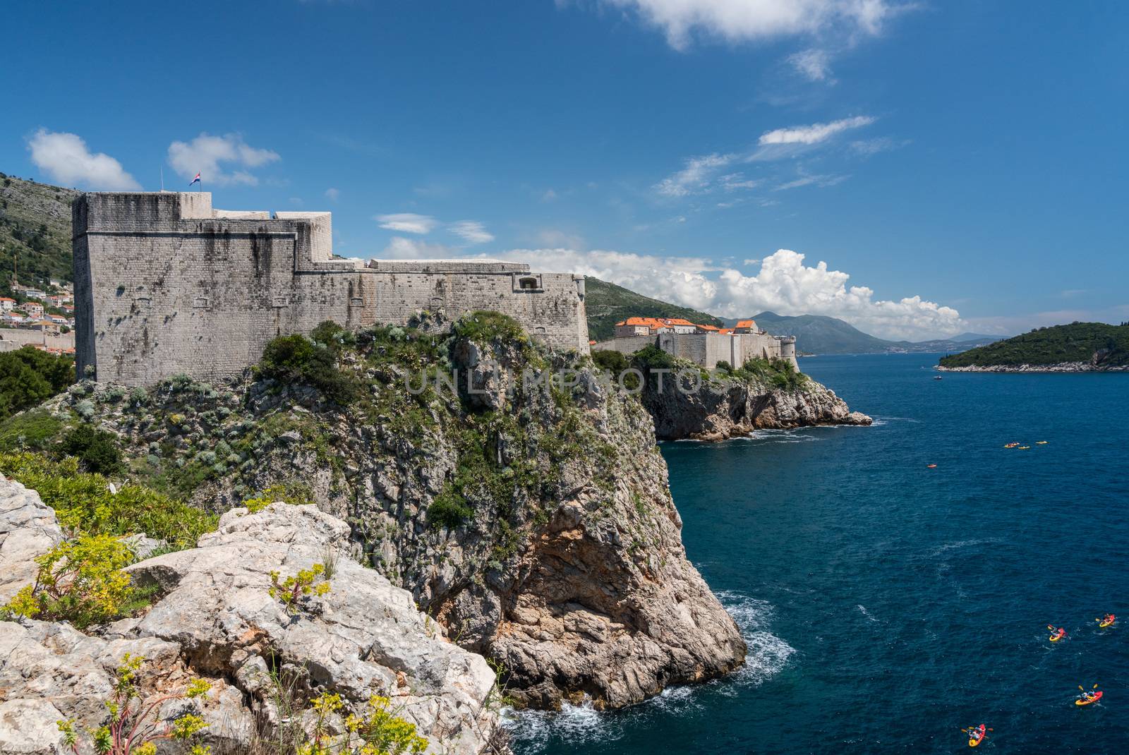 Panorama of the cliffside under Fort Lawrence and city walls of the old town in Dubrovnik