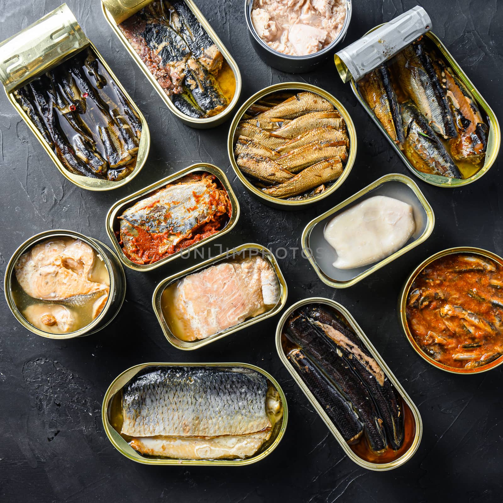 Tin can of Saury, mackerel, sprats, sardines, pilchard, squid, tuna Open and closed over black slate background top view square by Ilianesolenyi