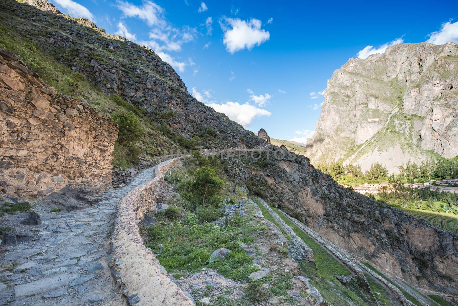 Pinkulluna Inca ruins in the sacred valley in the Peruvian Andes. Peru, Ollantaytambo. by rayints