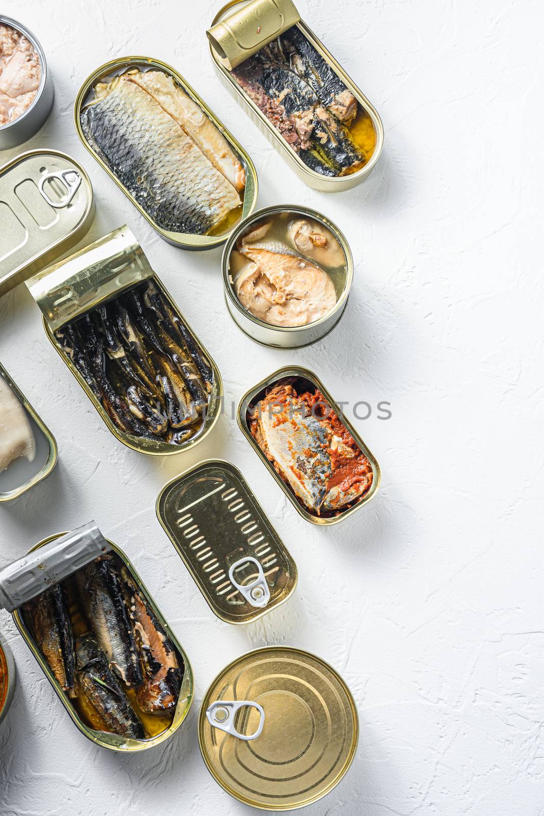 opened cans with different types of fish and seafood, opened and closed cans with Saury, mackerel, sprats, sardines, pilchard, squid, tuna, over white stone surface top view vertical space for text. by Ilianesolenyi