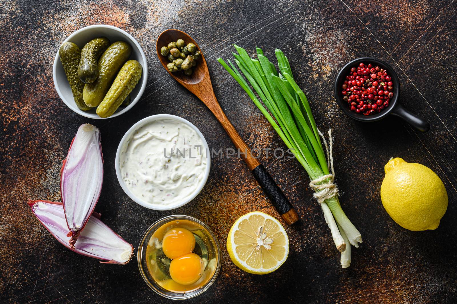 Ingredient tartar sauce organic mayonnaise, lemon,capers,parsley,dill,onion and various herbs. Over old rustic metall background Top view horisontal by Ilianesolenyi