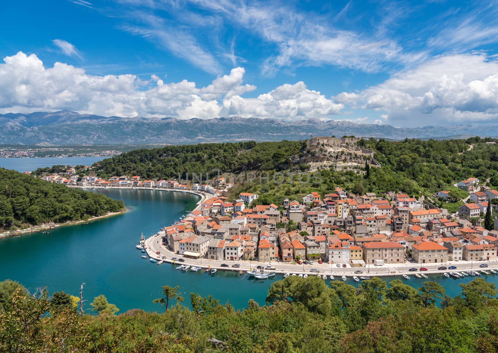 Colorful old village of Novigrad in Istria county of Croatia with blue river and harbor
