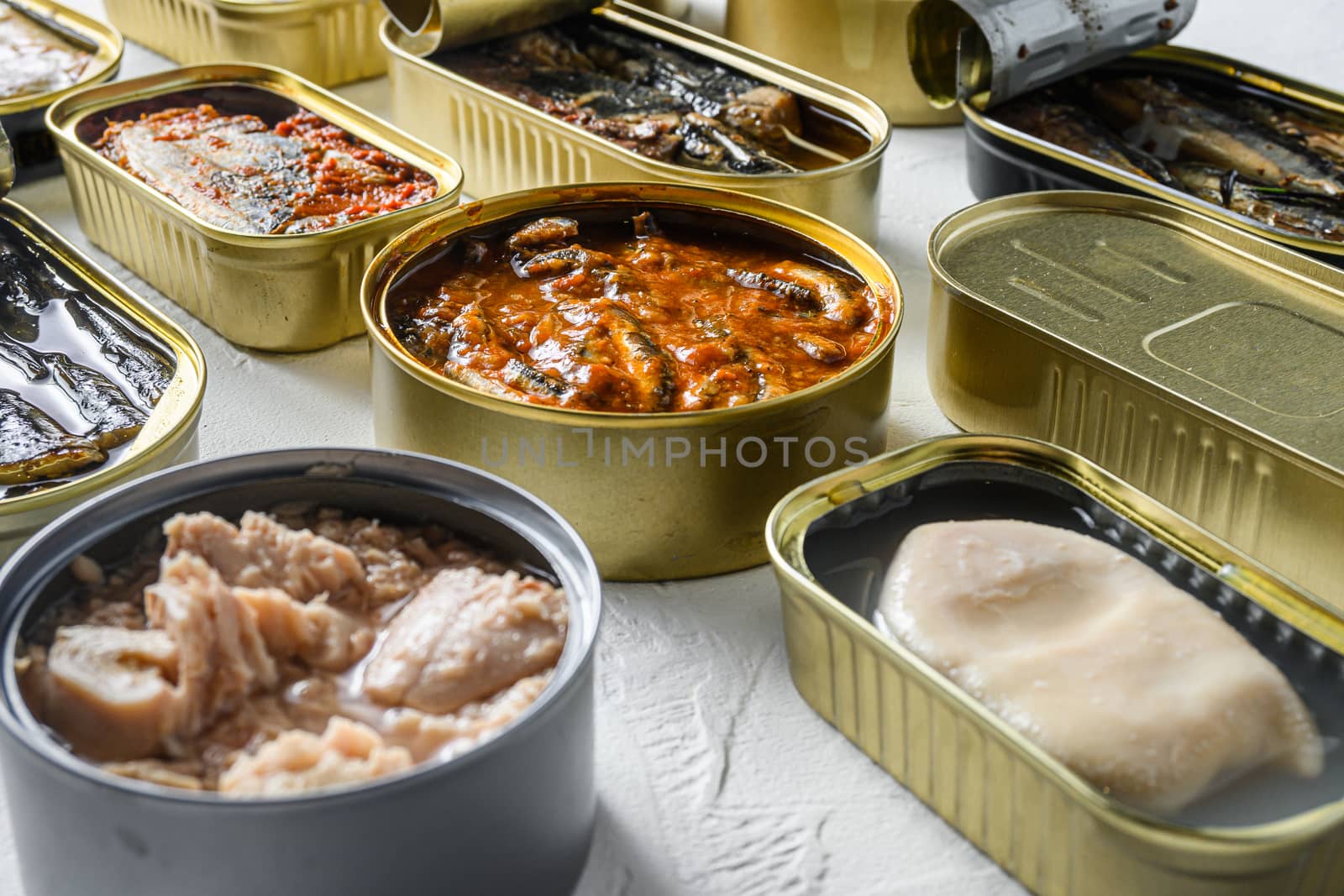 Cans with different preserve of fish and conserve seafood, opened and closed cans with Saury, mackerel, sprats, sardines, pilchard, squid, tuna, over white sbackground side view new widw angle.