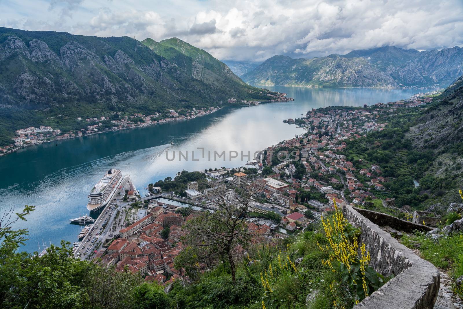 Aerial view of Dobrota and Kotor from hike to Fortress
