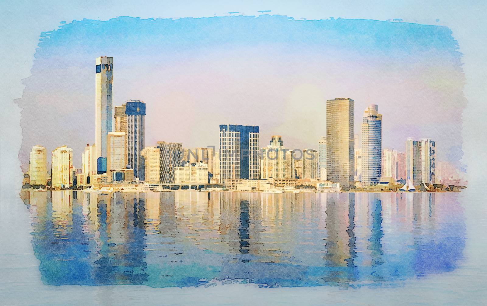 Digital art water color painting of widescreen panorama of the city skyline of Xiamen with reflections in ocean