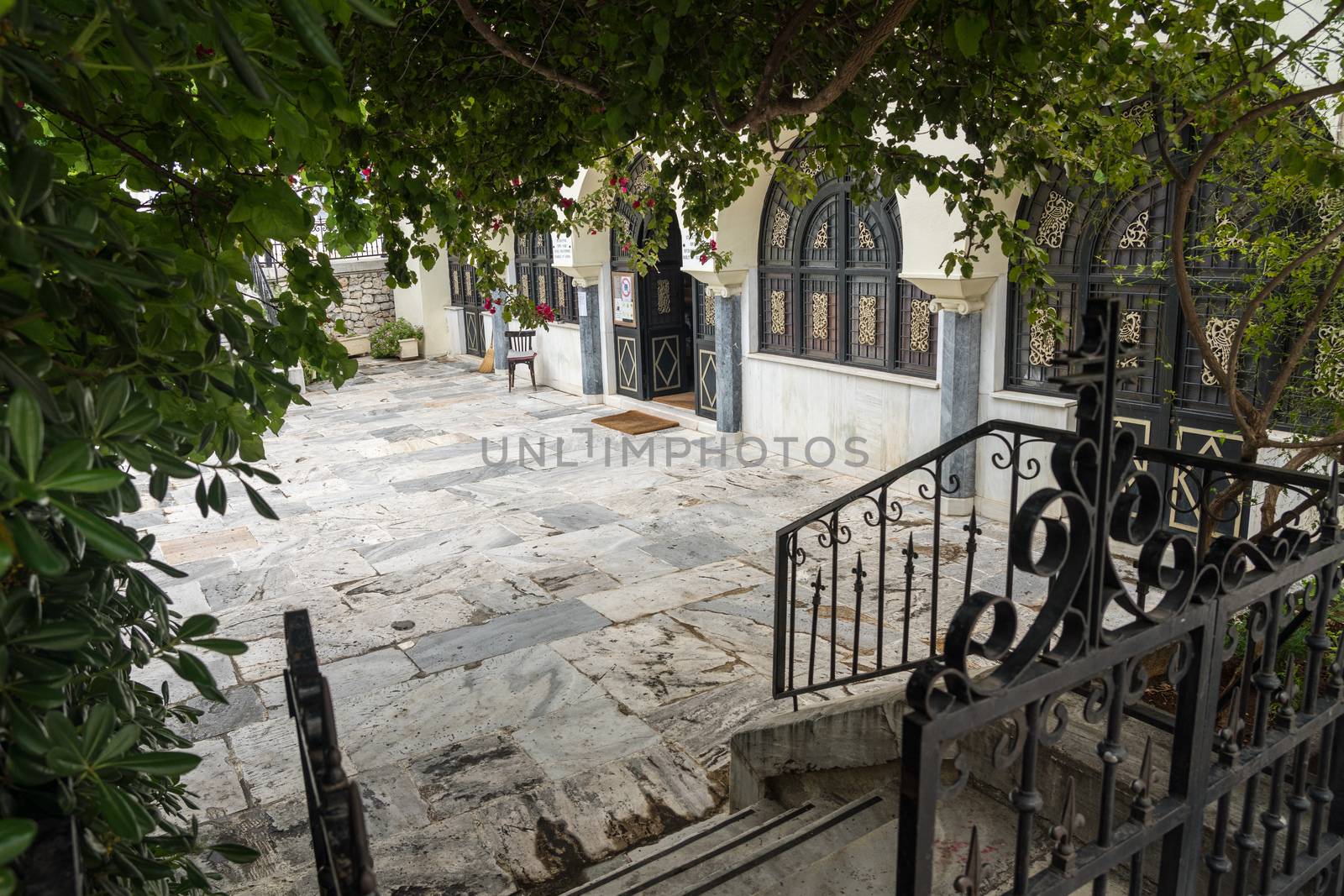 Steps into courtyard of St Catherine's Greek Orthodox church in Athens