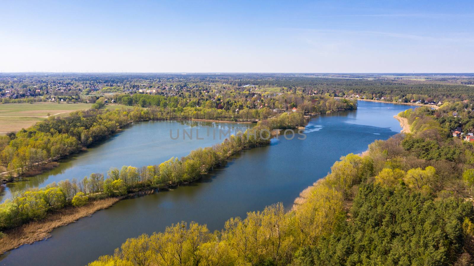 Falkensee, Brandenburg/Germany - 21.04.2019: The Falkenhagener See in Falkensee near Berlin with the Faulen See, two lakes in which bathing is not allowed and is located in a nature reserve.