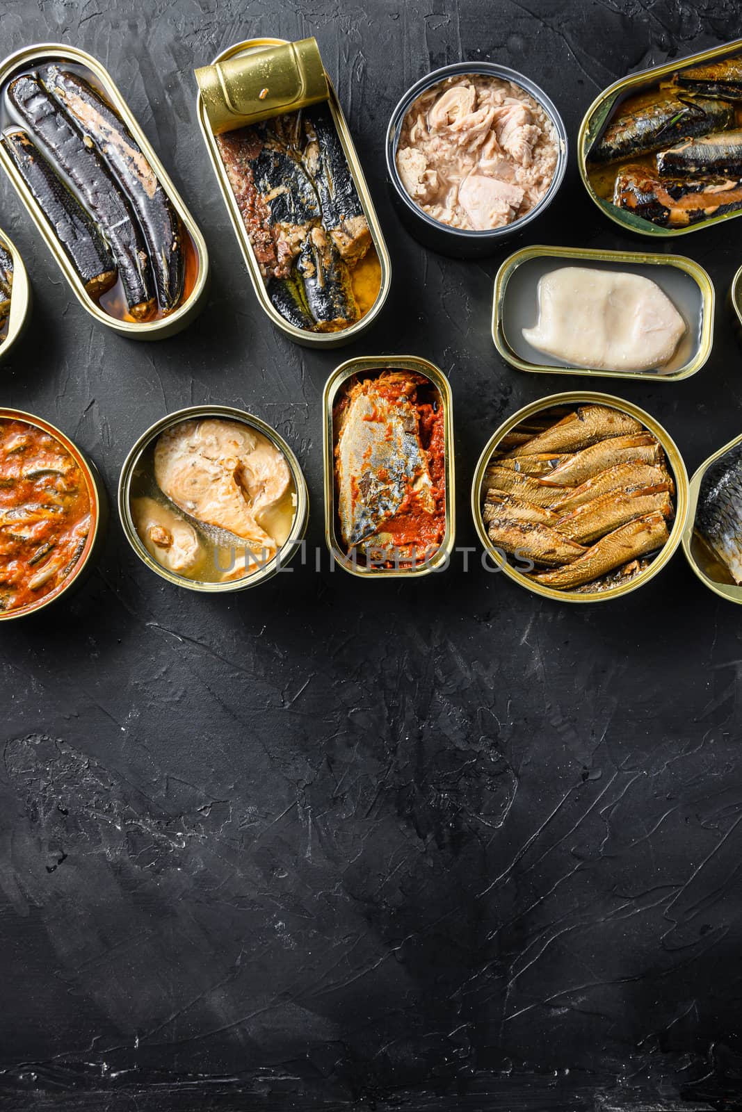 Tin can of Saury, mackerel, sprats, sardines, pilchard, squid, tuna Open and closed over black slate background top view space for text vertical on bottom by Ilianesolenyi