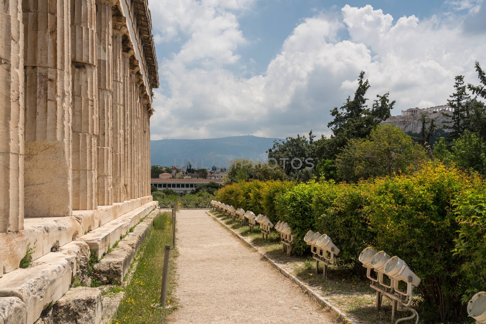 Detail of the columns and carving on Temple of Hephaestus in Greek Agora Athens