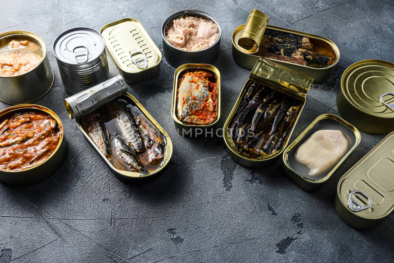 Assortment of cans of canned with different types of fish and seafood, opened and closed cans with Saury, mackerel, sprats, sardines, pilchard, squid, tuna, space for text side view.