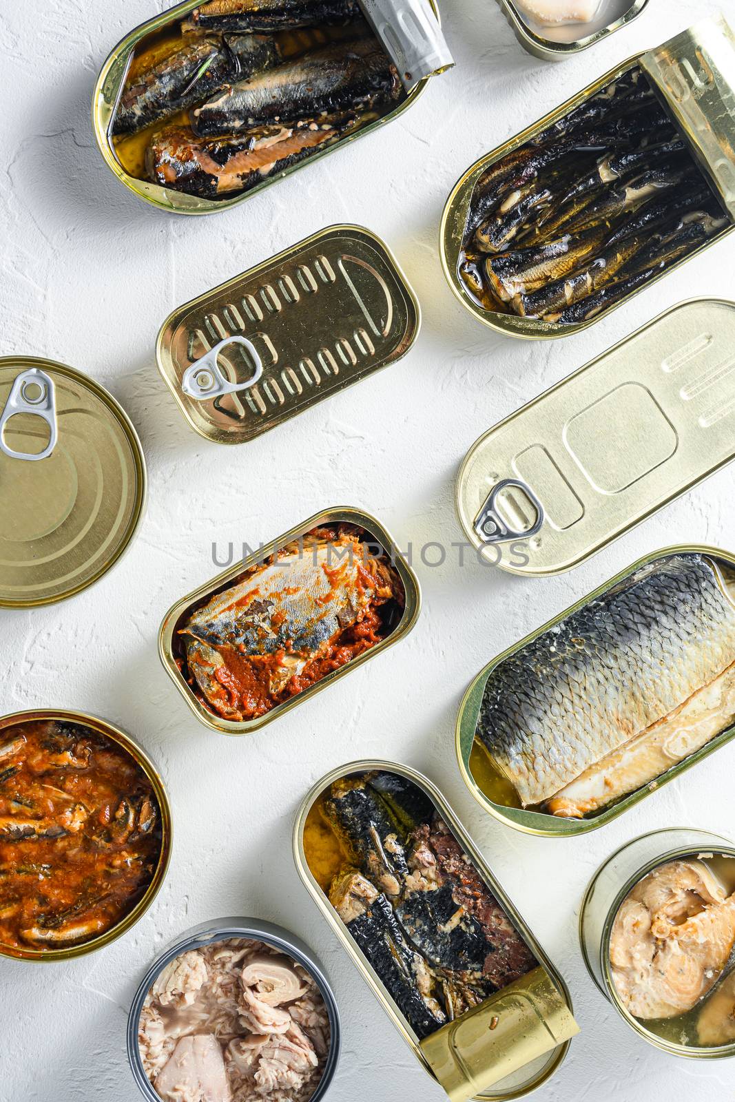 Conserves of canned fish with different types of fish and seafood, opened and closed cans with Saury, mackerel, sprats, sardines, pilchard, squid, tuna, over white stone surface top view.