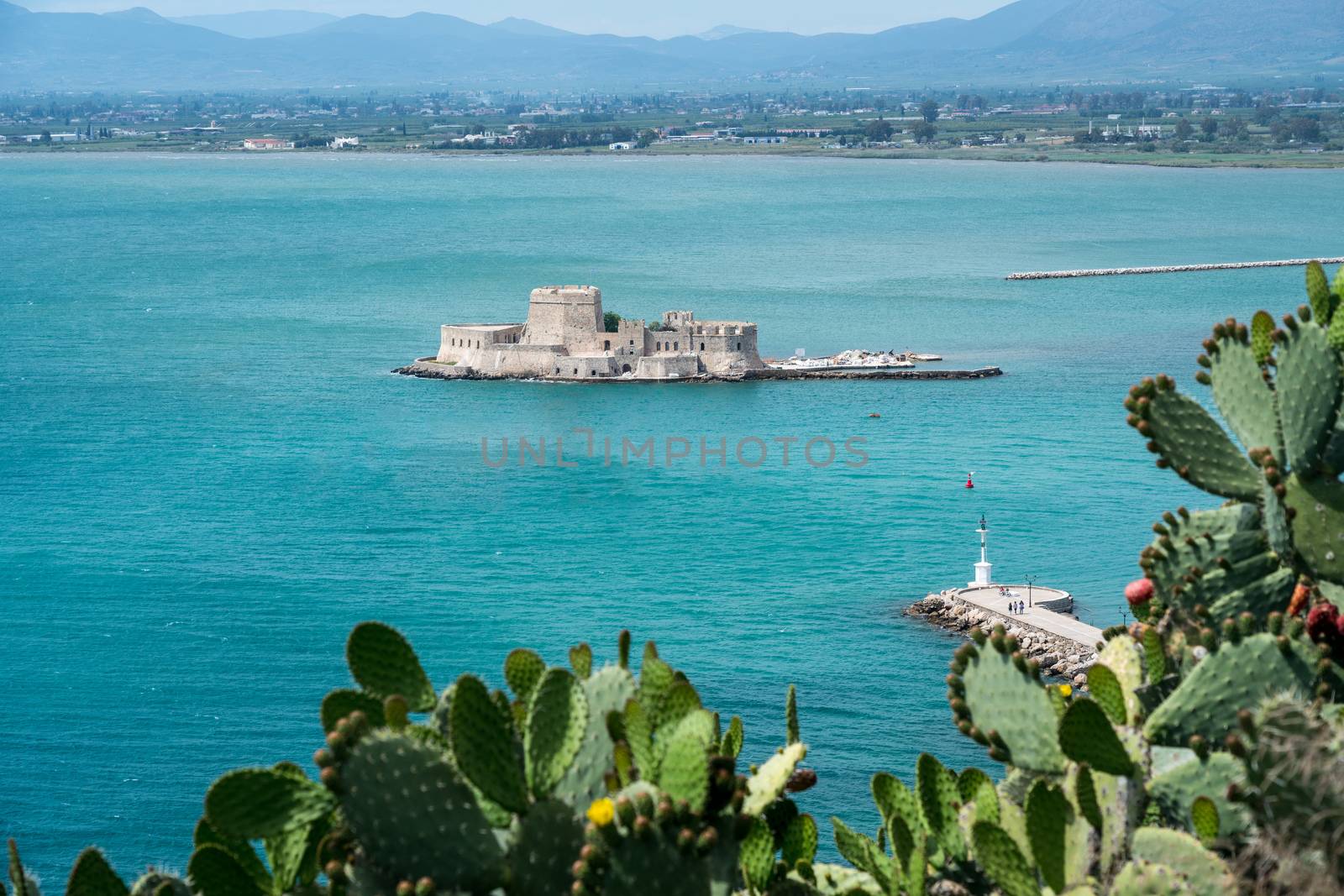 Cactus plants frame the old venetian castle of Bourtzi in the harbor of Nafplio