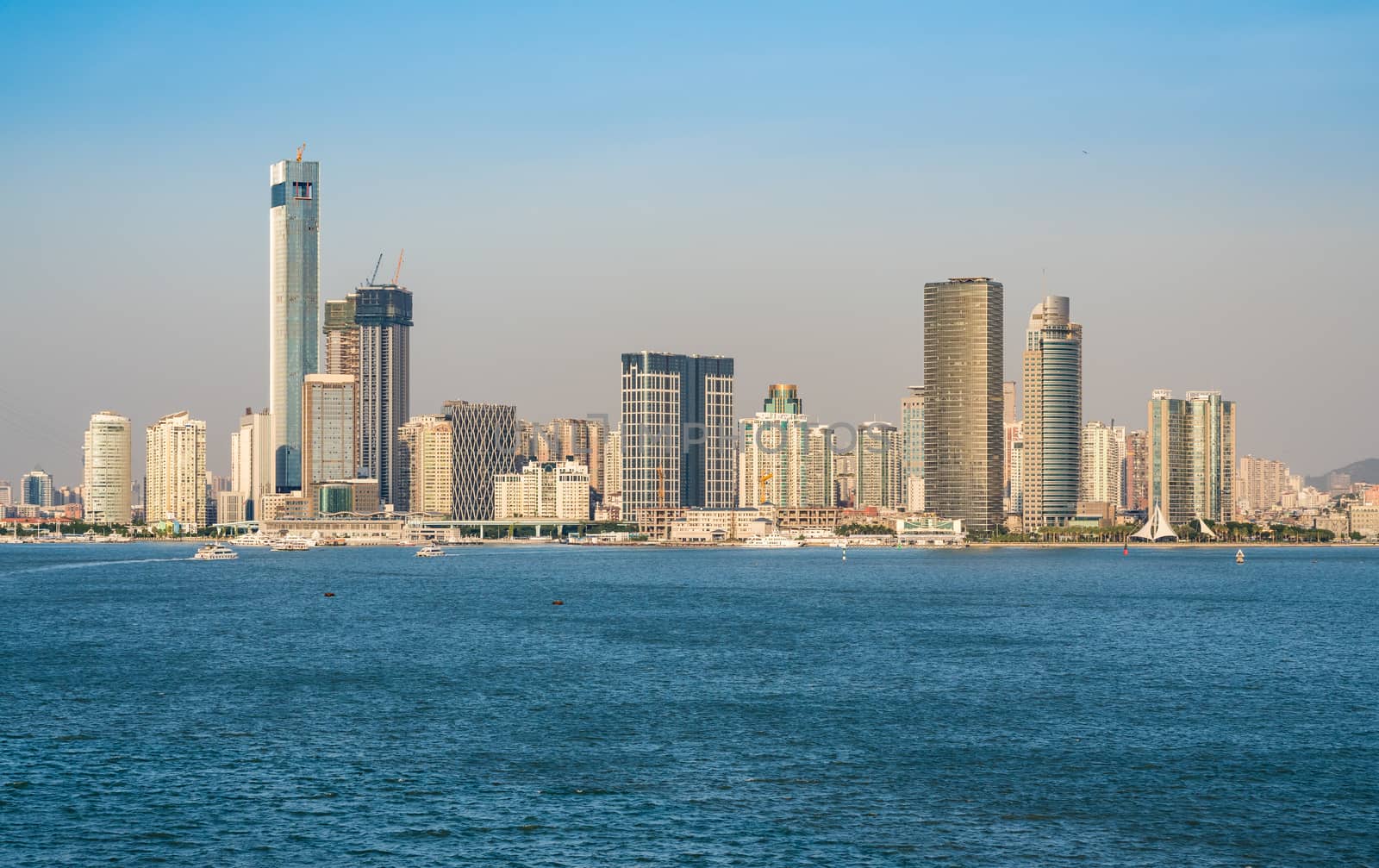 Panorama of the city skyline of Xiamen in China from the ocean