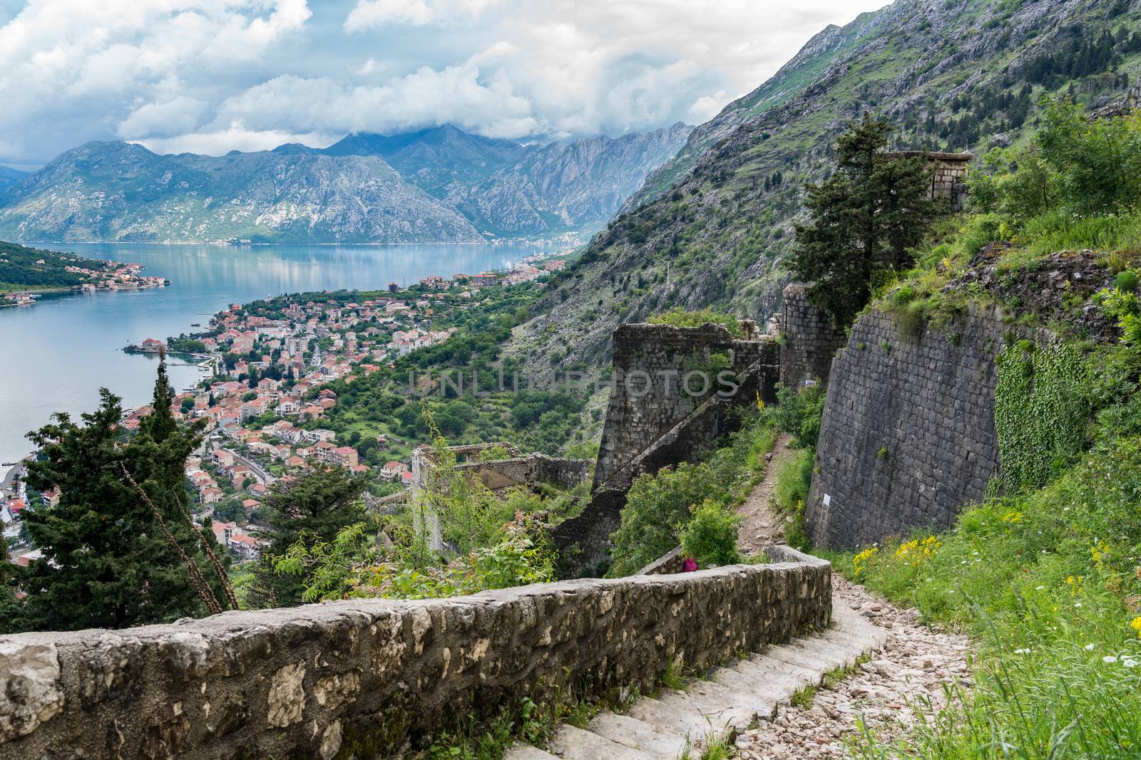 Aerial view of Dobrota and Kotor from hike to Fortress