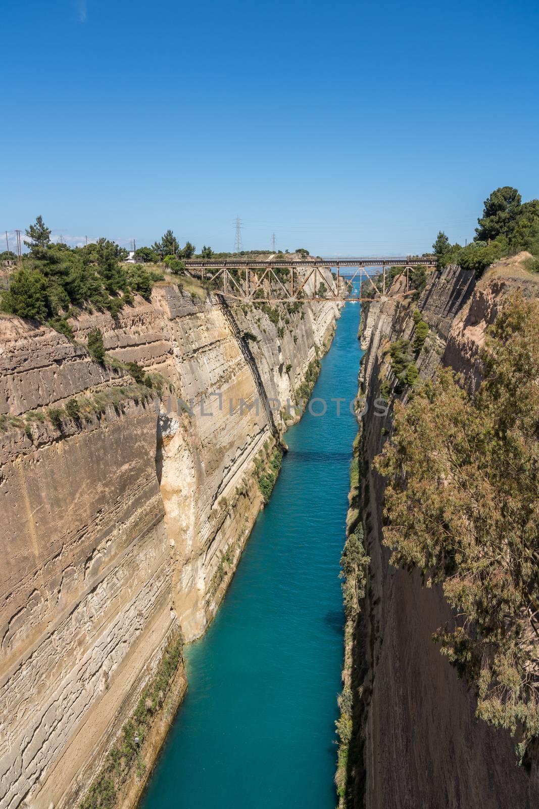 View from bridge over the Corinth Canal near Athens in Greece