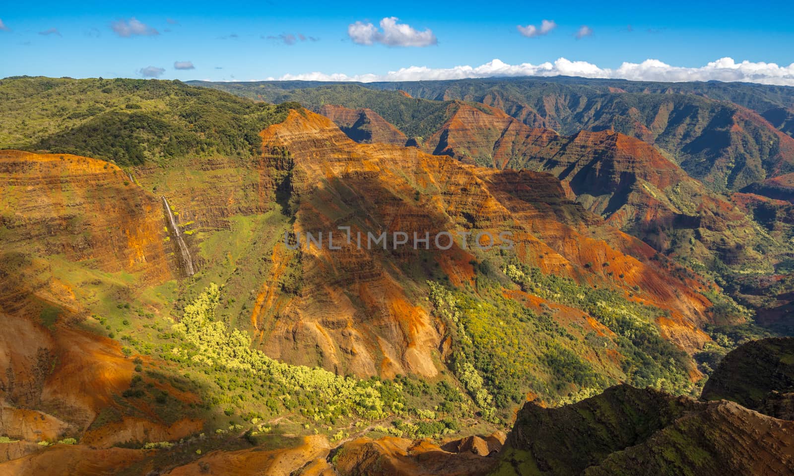 Aerial view of Waipo'o waterfall and landscape of Waimea Canyon of Kauai from helicopter flight